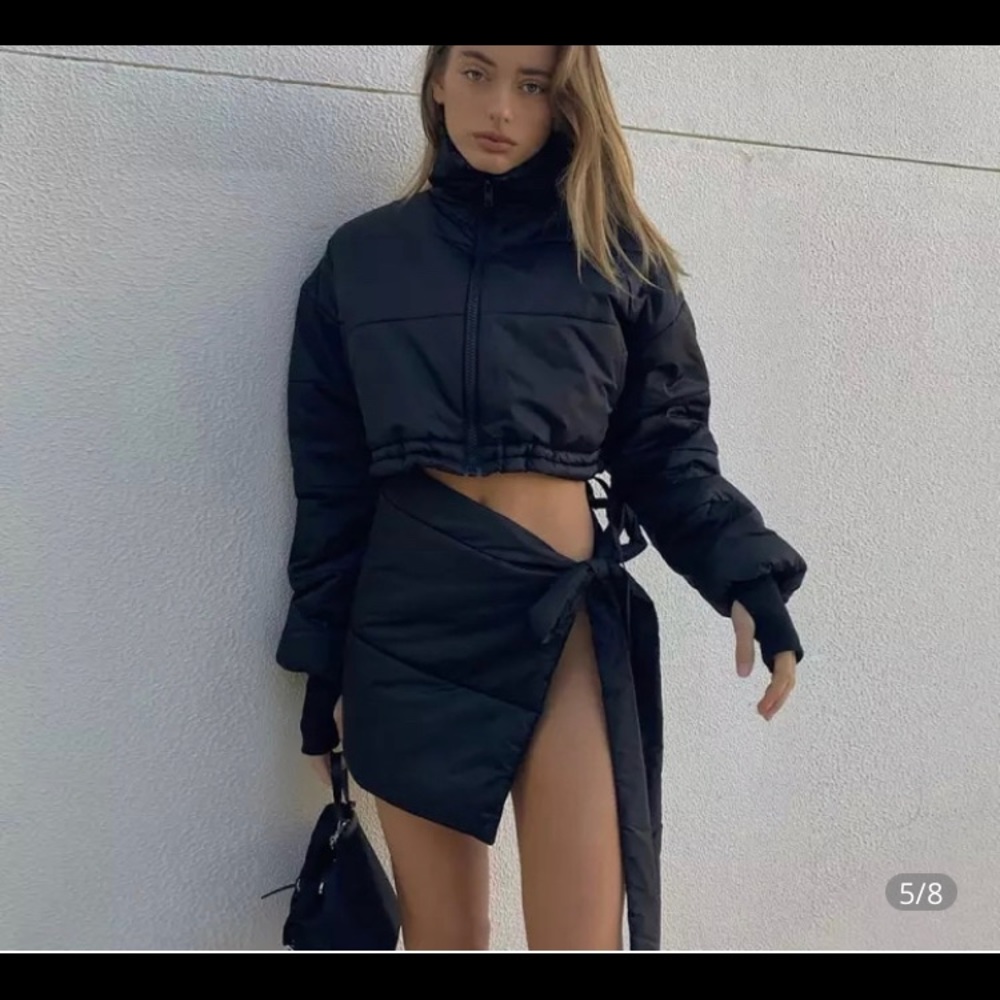 Black jacket and wrap skirt outfit